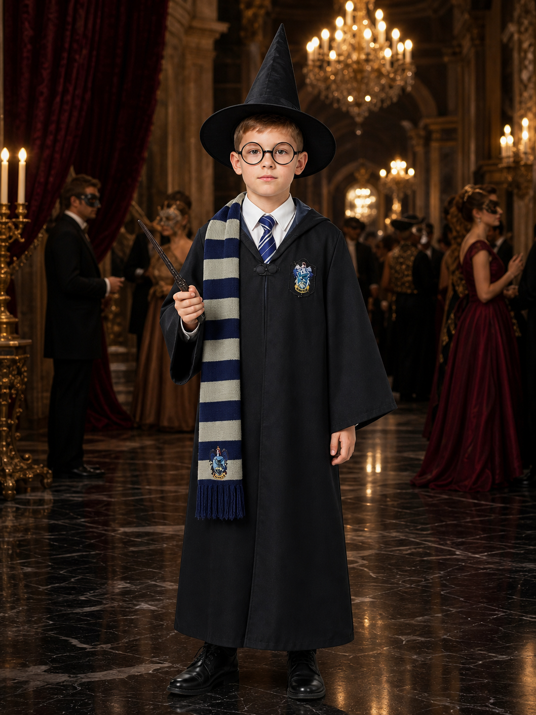 Black Wizard Robe Costume Set with Hat, Glasses, Wand, Scarf, Shirt and Tie Costume Headwear detail