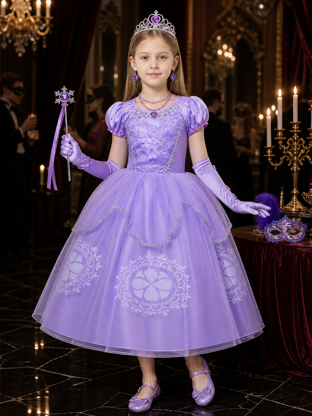 Girls' Purple Princess Costume Set With Sparkle Dress, Tiara, Mask & Gloves Costume Dresses detail