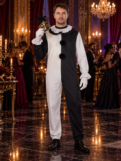 Black and White Clown Costume for Cosplay with Ruffle Collar