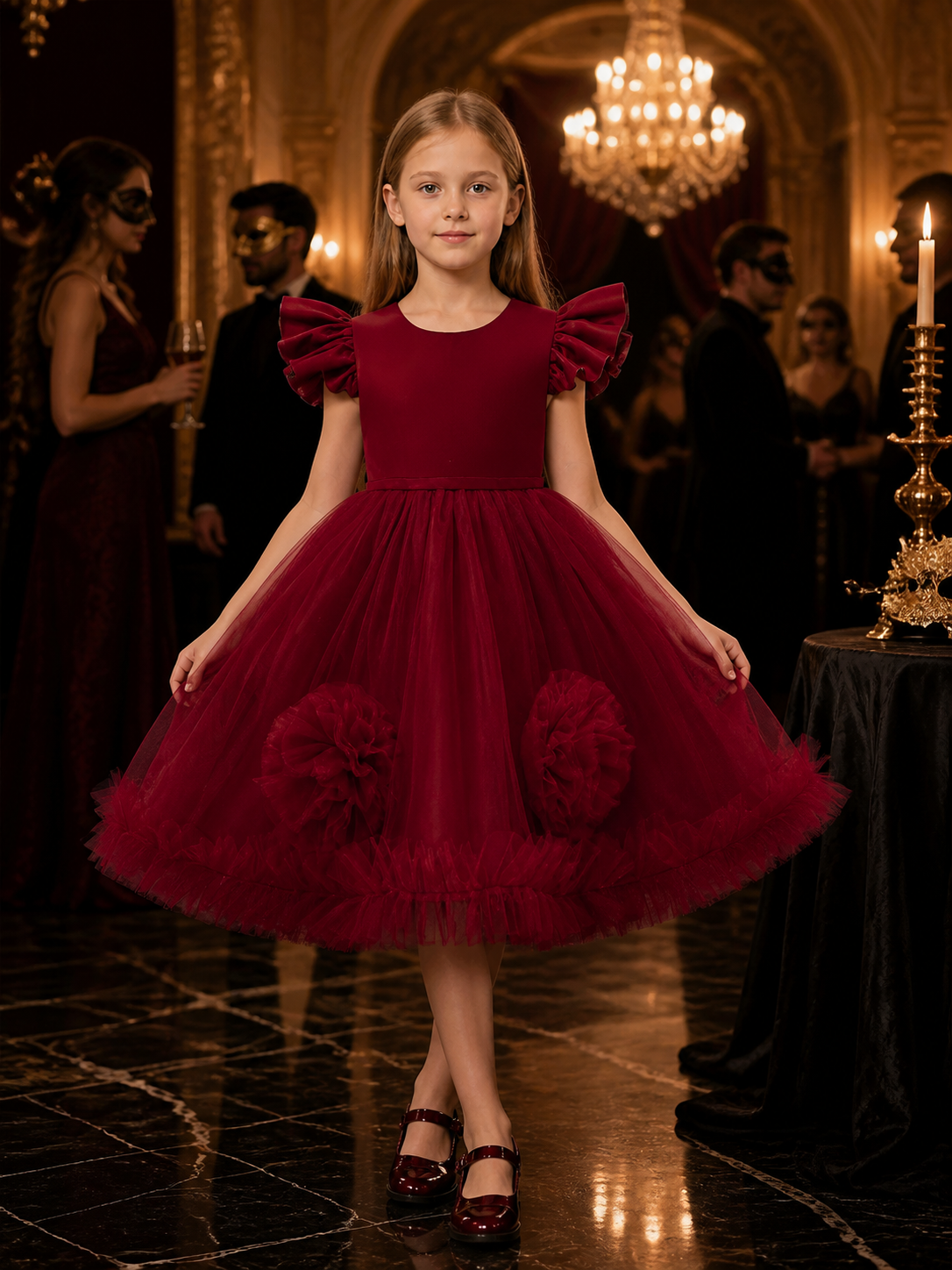 Girls' Maroon Princess Party Dress with Layered Tulle Skirt and 3D Flowers Costume Dresses detail