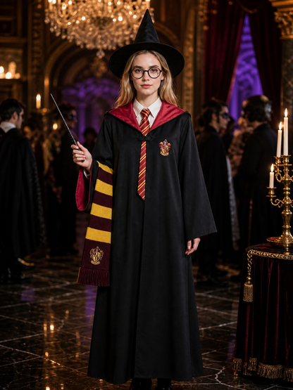 Red and Yellow Striped Wizard Robe Costume Set with Hat, Tie, Scarf, Glasses and Costume Headwear detail