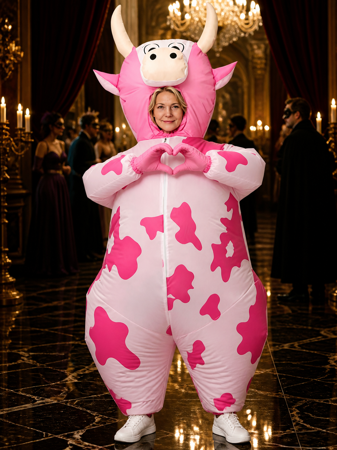 Pink and White Cow Hooded Onesie Costume with Horns and Ears, Halloween Animal Costumes detail