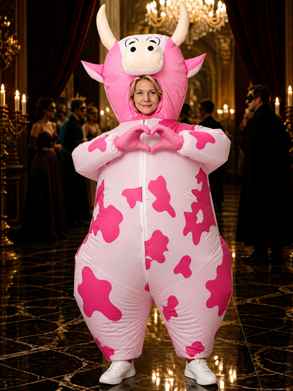 Pink and White Cow Hooded Onesie Costume with Horns and Ears, Halloween Animal Costumes detail