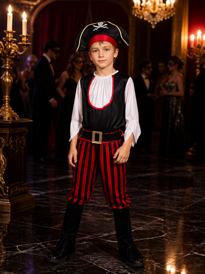 Kids Pirate Costume Set - Black & Red Striped Outfit with Skull Hat Costume Headwear detail