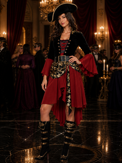 Women's Red and Black Pirate Halloween Costume Set, Asymmetric Layered Skirt Costumes detail