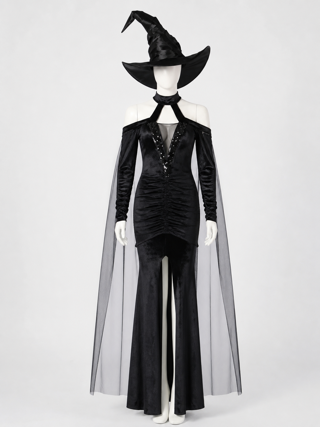 Women's Sequined Witch Costume Dress with Cape and Hat - Black Halloween Outfit Costume Dresses detail