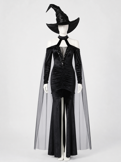 Women's Sequined Witch Costume Dress with Cape and Hat - Black Halloween Outfit Costume Dresses detail