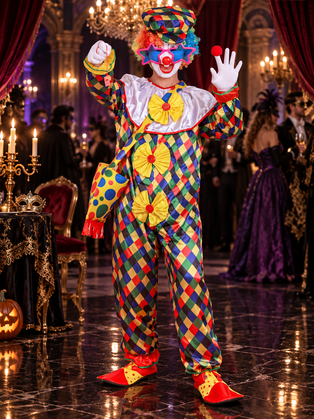 Clown Costume: Diamond-Pattern Jumpsuit, Wig, Mask
