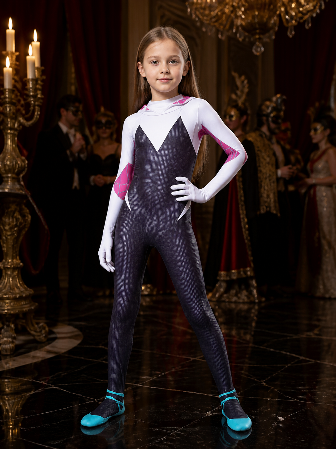 Kids' Gwen Spider Character Hooded Bodysuit Costume Costumes detail