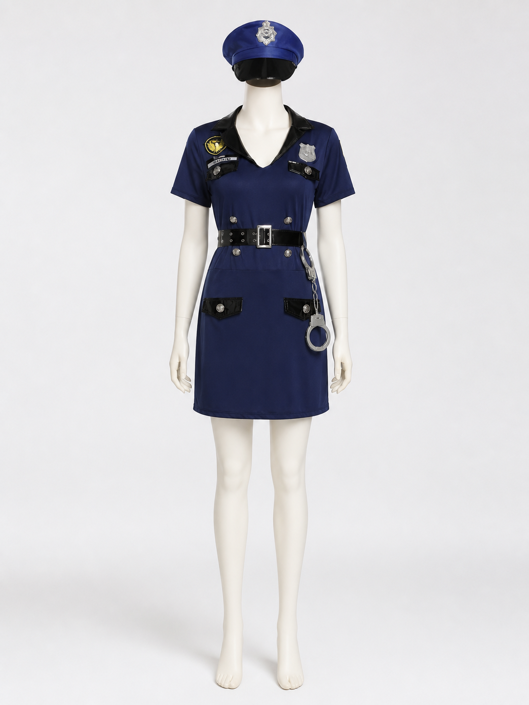 Women's Police Costume Set, Navy Collared Dress with Hat, Belt and Handcuffs Costume Dresses detail