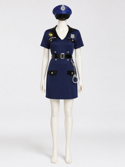 Women's Police Costume Set, Navy Collared Dress with Hat, Belt and Handcuffs Costume Dresses detail