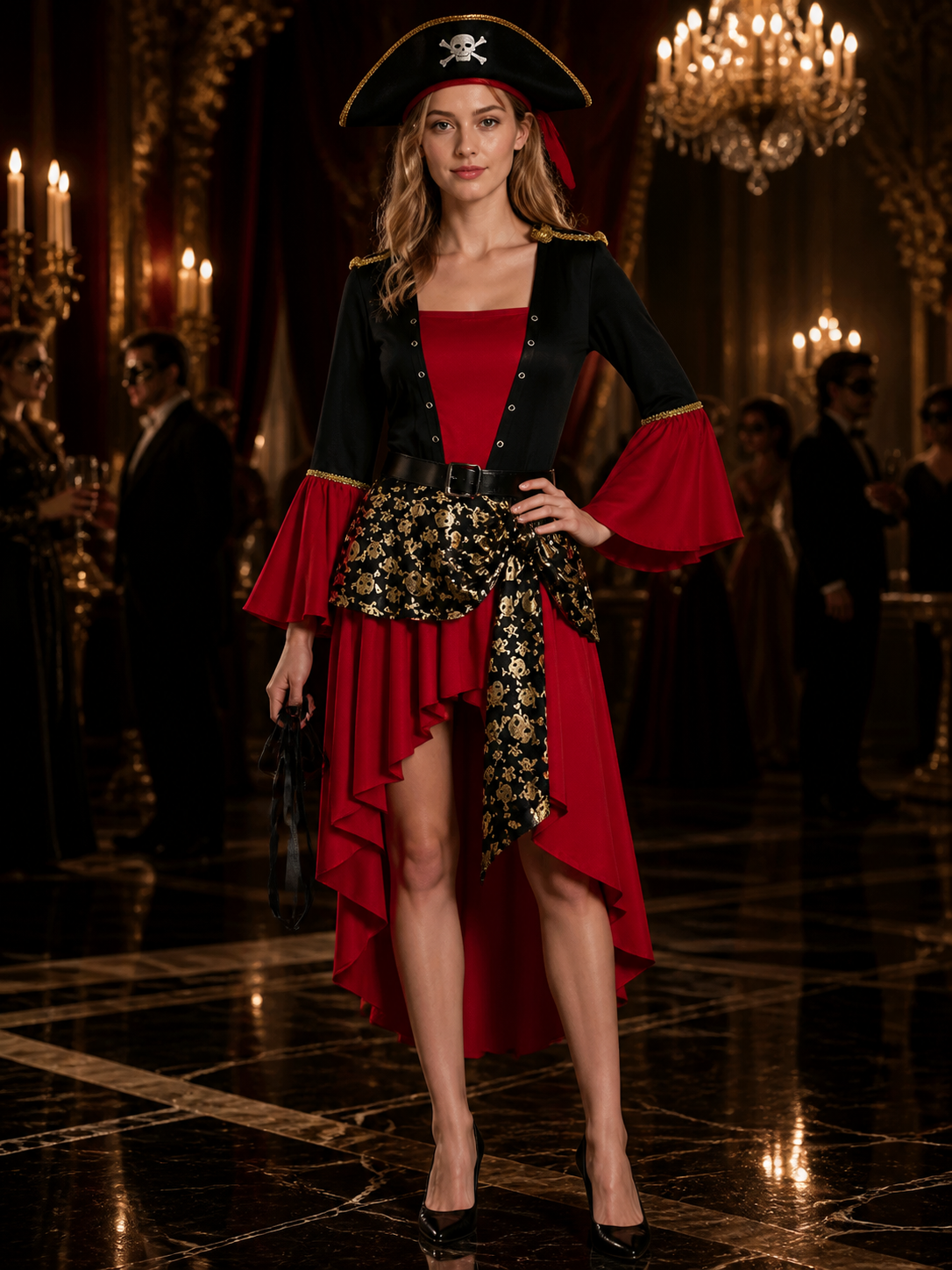 Women's Pirate Costume Set with Skull Hat, Belt and Long-Sleeve Dress Costume Dresses detail