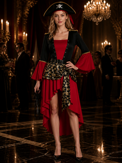 Women's Pirate Costume Set with Skull Hat, Belt and Long-Sleeve Dress Costume Dresses detail