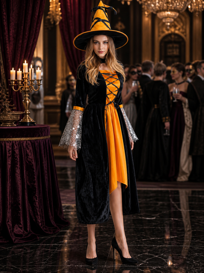 Halloween Witch Costume with Hat and Lace Sleeves