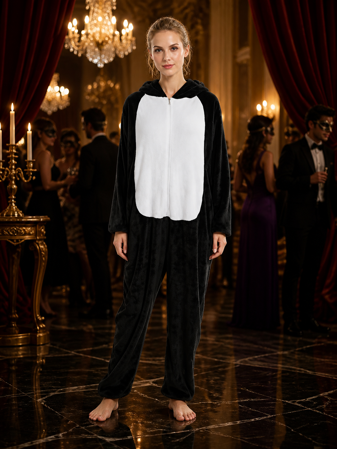 Panda-Style Animal Hooded Jumpsuit, Black And White One-Piece Costume