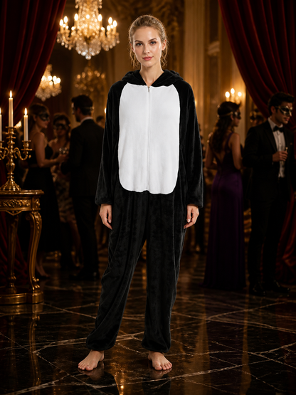 Panda-Style Animal Hooded Jumpsuit, Black And White One-Piece Costume