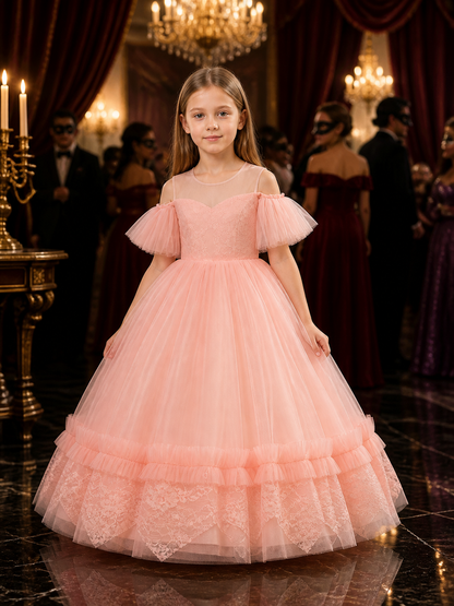 Girls' Pink Lace Princess Dress, Layered Tulle Formal Gown Costume Dresses detail