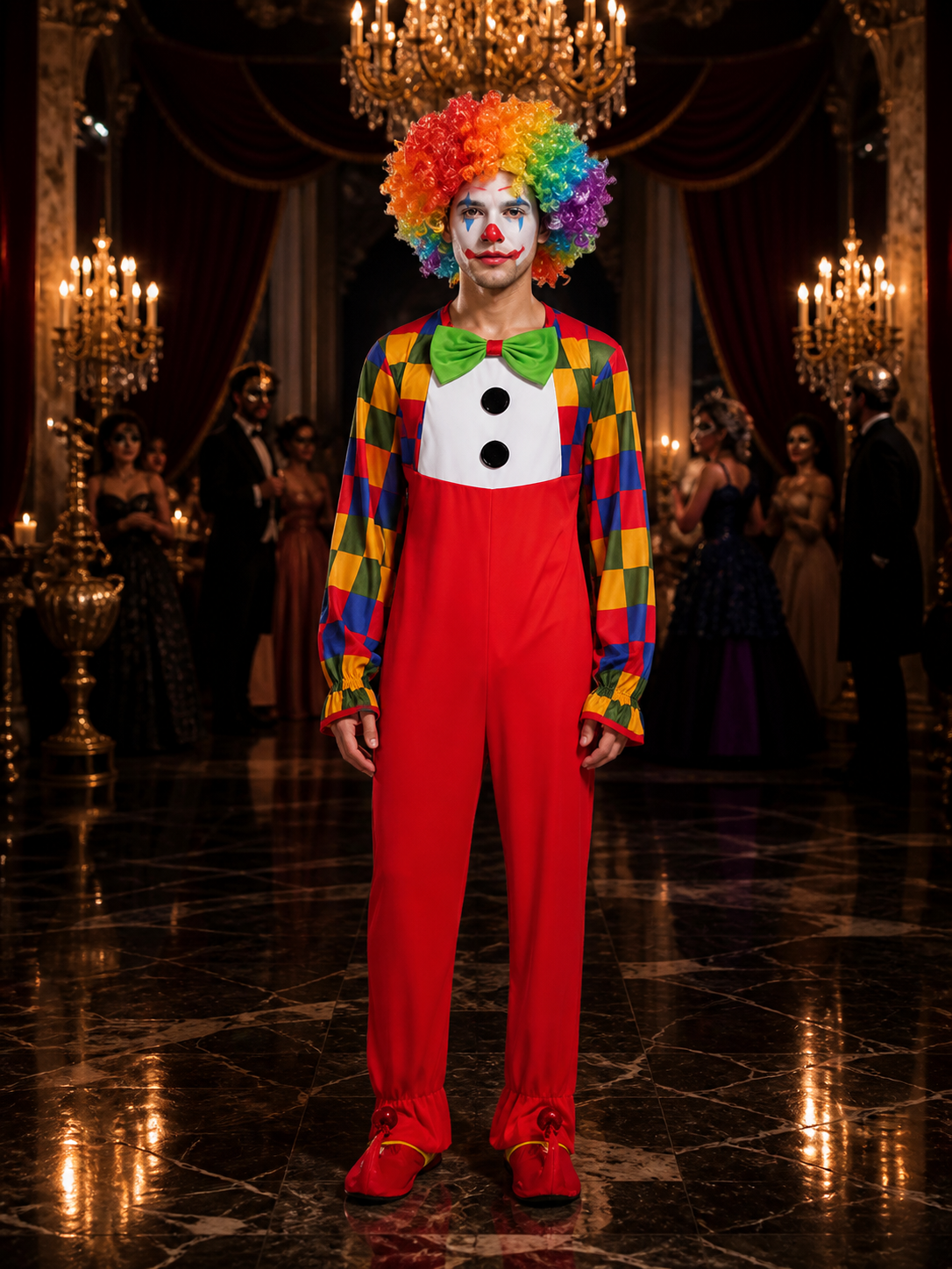 Kids Clown Costume Jumpsuit with Colorful Checkered Sleeves and Bow Tie Costume Accessories detail