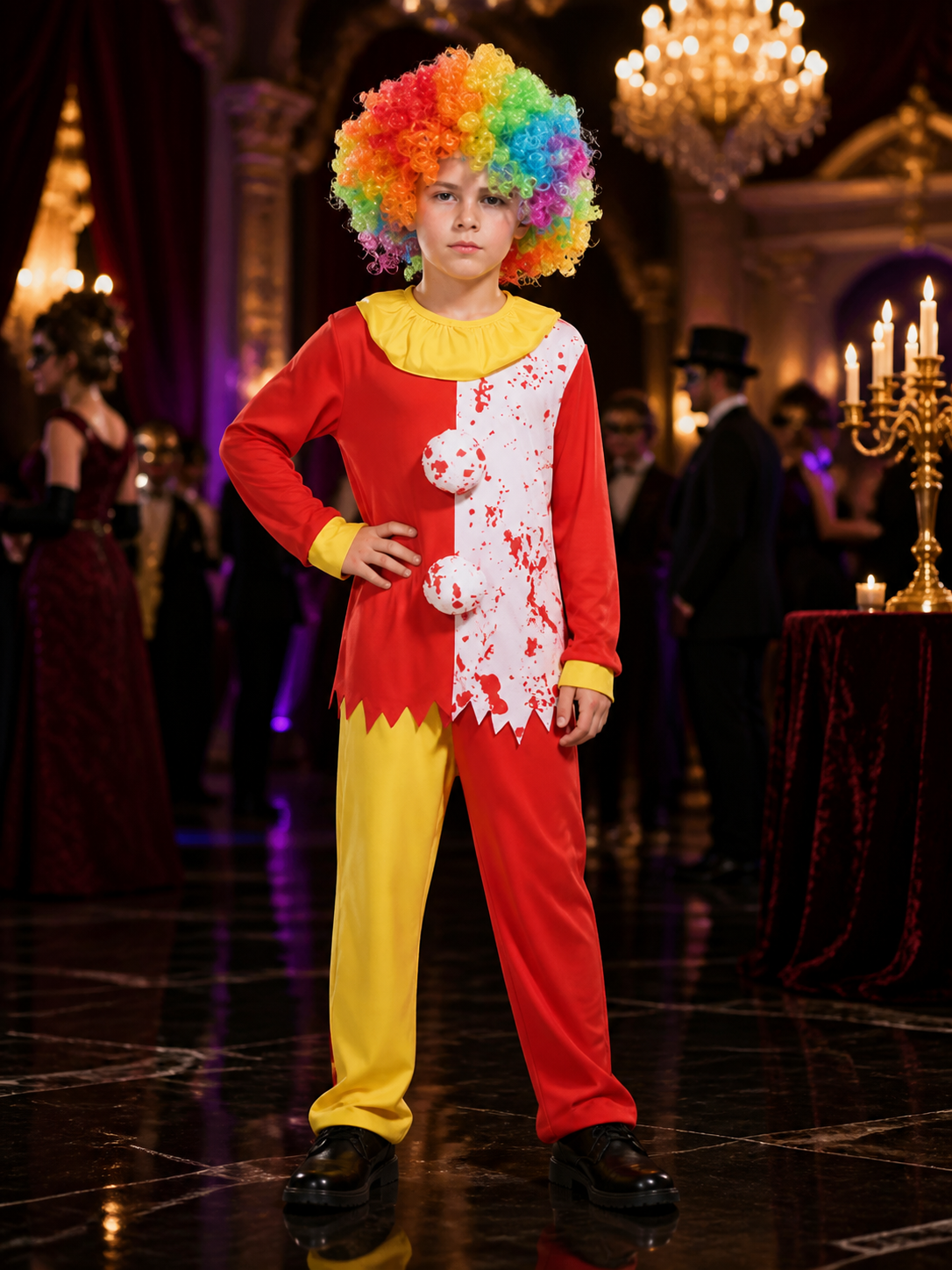 Kids' Clown Costume Jumpsuit Set with Rainbow Afro Wig, Colorful Halloween Costume Wigs detail