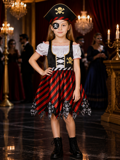 Girl's Caribbean Pirate Costume Set with Skull Print Striped Dress, Hat and Eye Costume Dresses detail