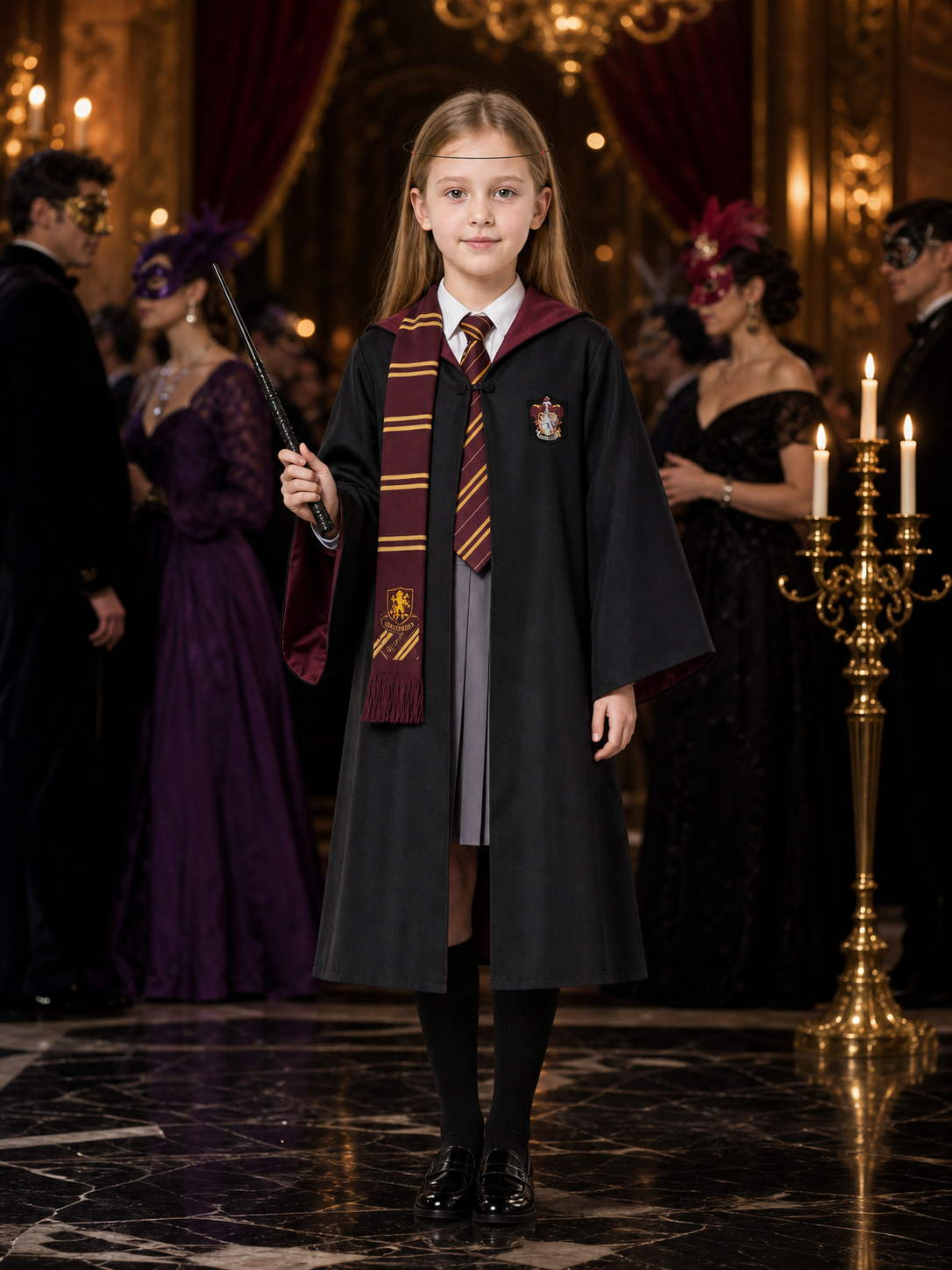 Kids Wizard Robe Costume Set With Tie, Scarf, Wand, Shirt And Skirt Costume Accessories detail