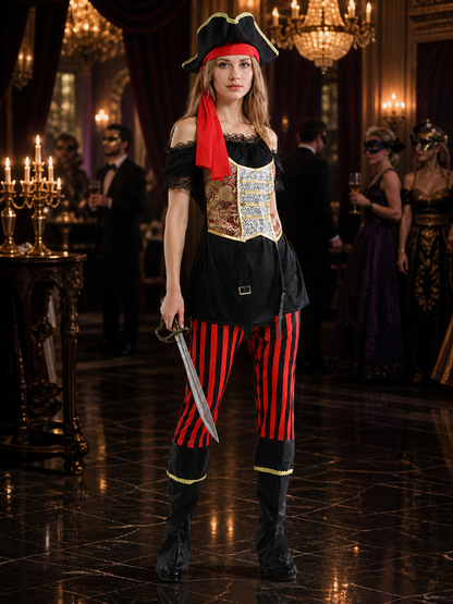 Women's Pirate Costume Set - Off-Shoulder Top, Striped Pants with Boots & Costumes detail