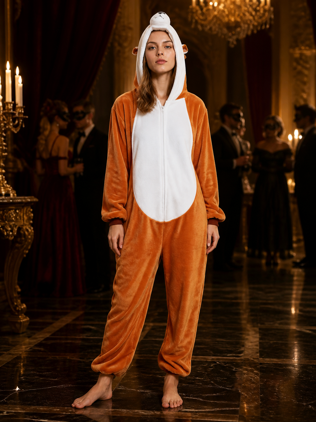 Orange And White Hooded Cartoon Animal Jumpsuit Costume With Tail Costumes detail
