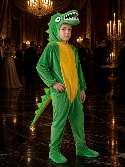 Kids Green Dinosaur Costume Bodysuit with Head Hood, Spikes and Tail for Costumes detail