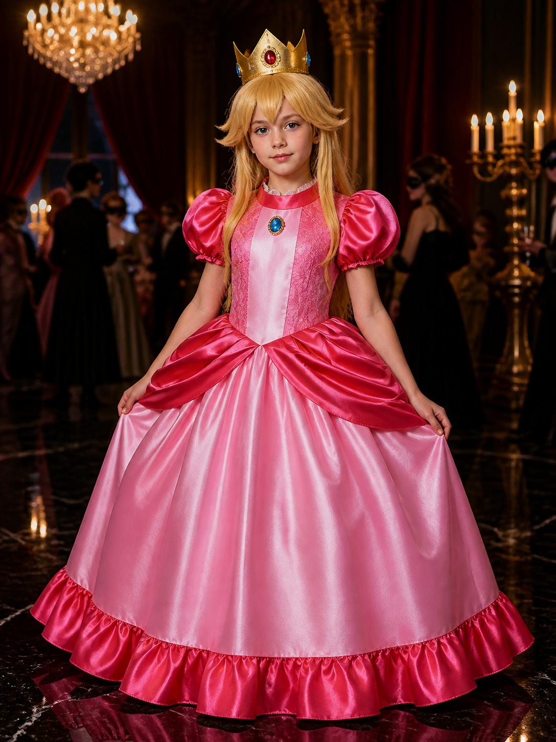 Kids Girls Pink Princess Costume Dress with Crown & Wig, Lace Ball Gown for