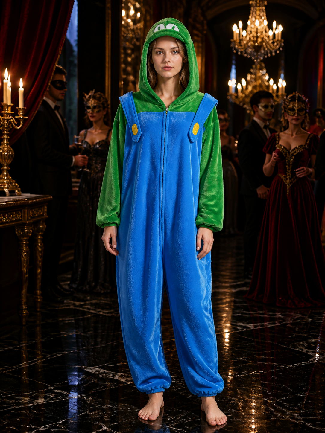 Blue And Green Hooded Cartoon Animal Jumpsuit Costume With Yellow Chest Details Costumes detail