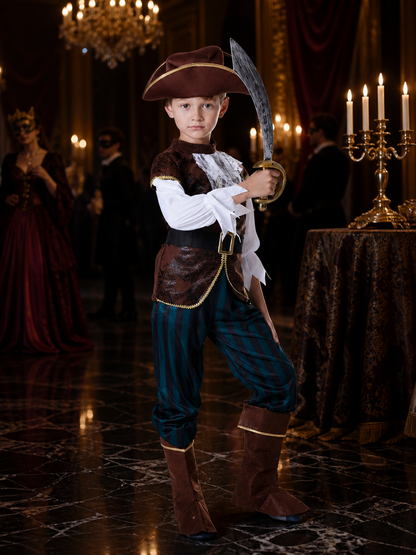 Kids' Pirate Captain Costume Set, Gold Trimmed Vest, Striped Pants, Hat and Boot Costume Headwear detail