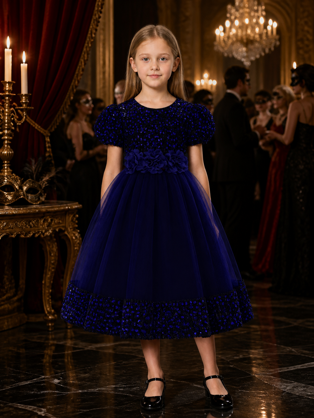 Baby Girls' Princess Dress, Sequined Tulle Puff Sleeve 3D Flower Party Gown Costume Dresses detail