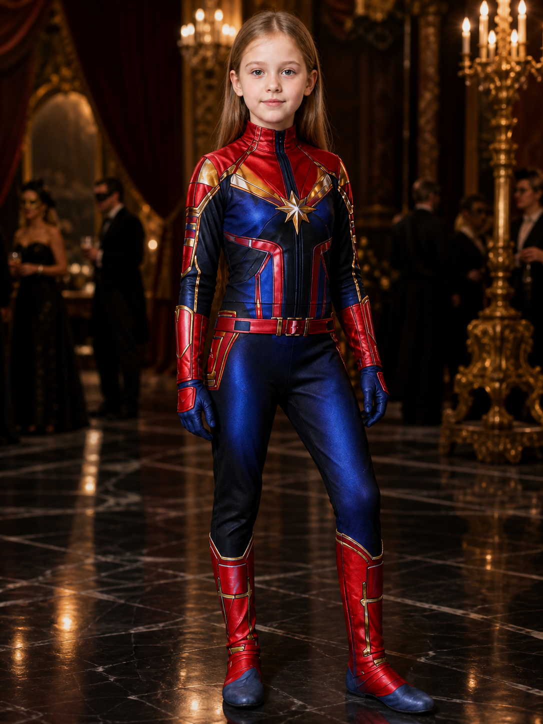 Children's Red Blue Star Superhero Jumpsuit Costume With Gold Accents Costumes detail