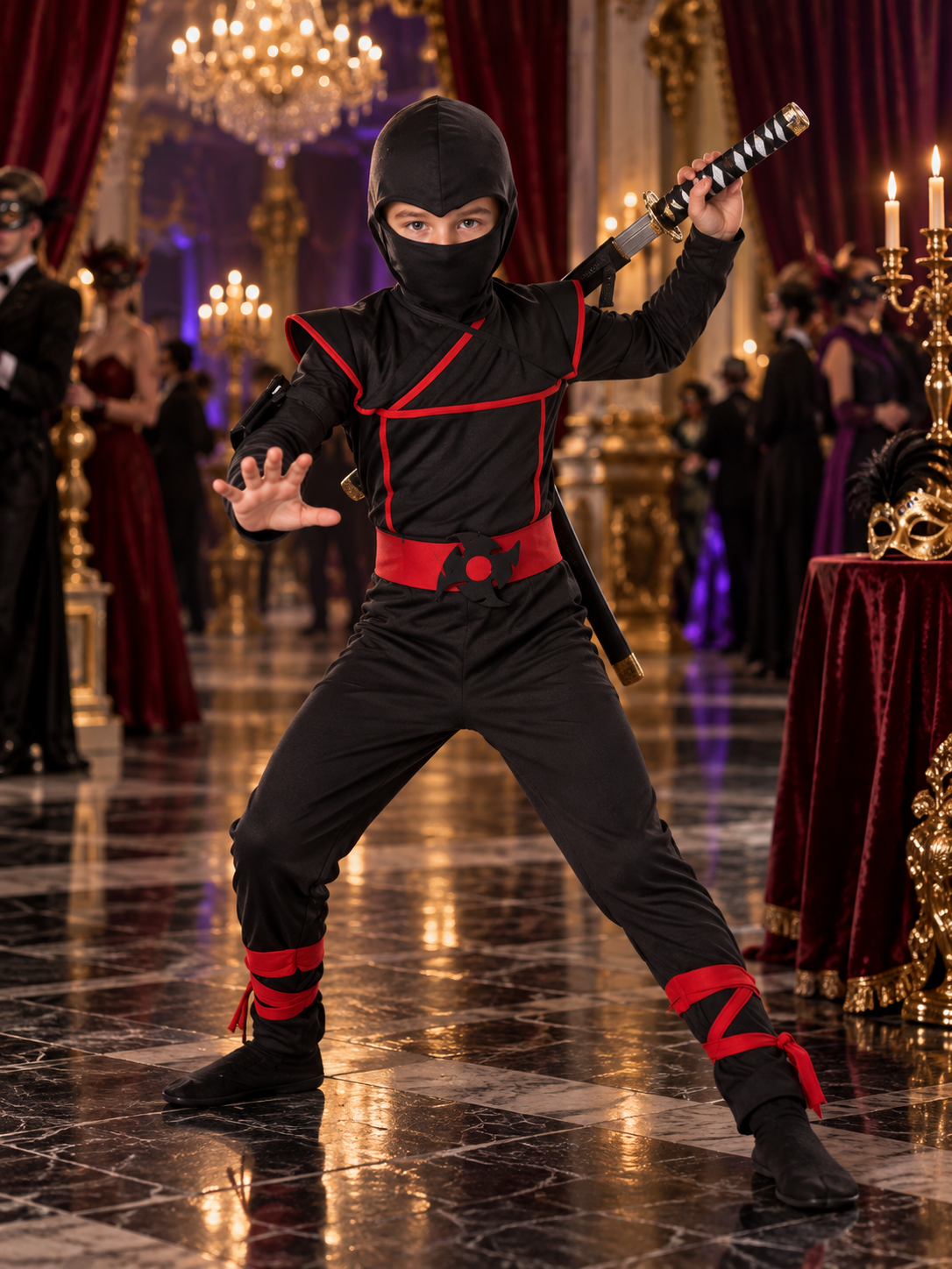 Kids' Ninja Costume Black with Red Trim, Mask, Belt