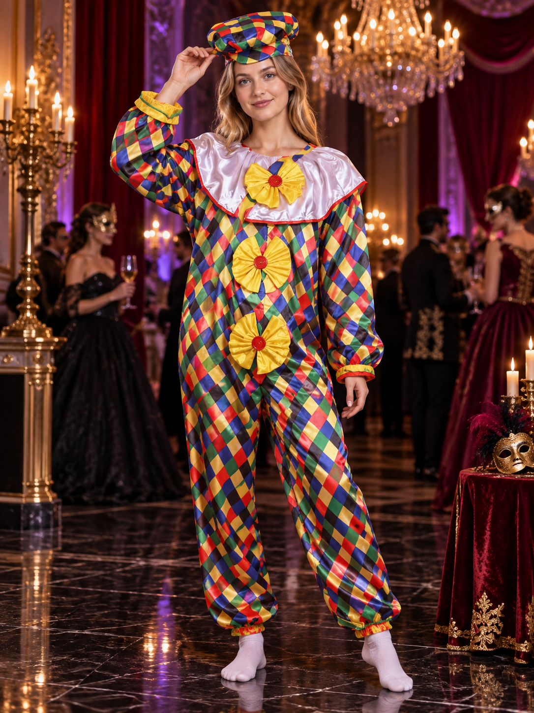 Clown Costume with Hat, Multicolor, Diamond Pattern, with Bows