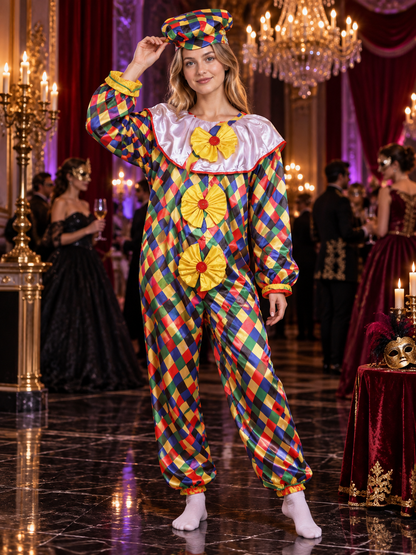 Clown Costume with Hat, Multicolor, Diamond Pattern, with Bows