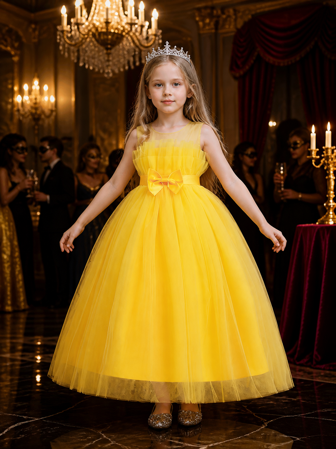 Girls' Yellow Long Princess Dress with Layered Tulle and Double Bows Costume Dresses detail
