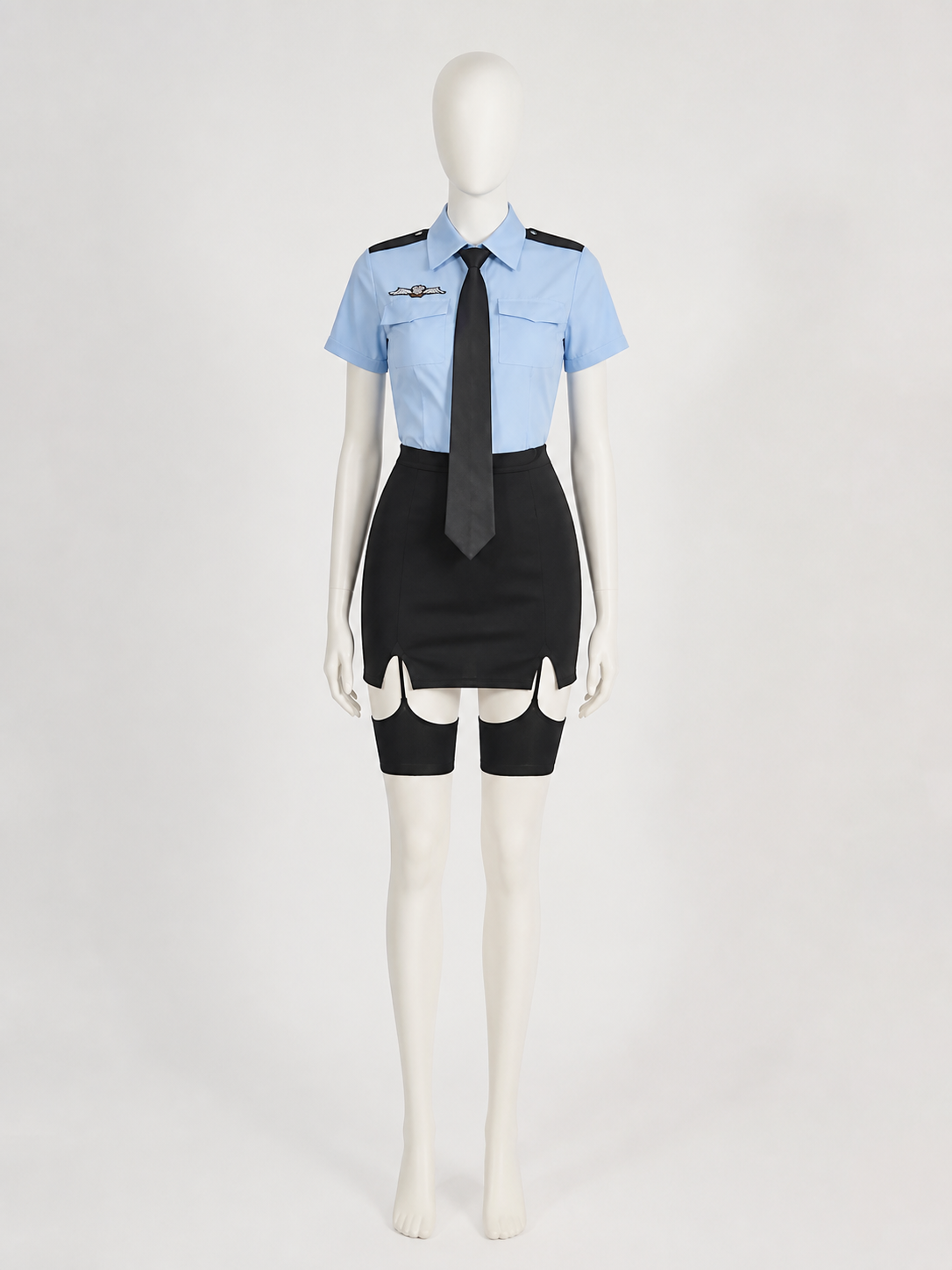 Women's Police Officer Cosplay Costume Set, Light Blue Top with Black Tie and Costumes detail