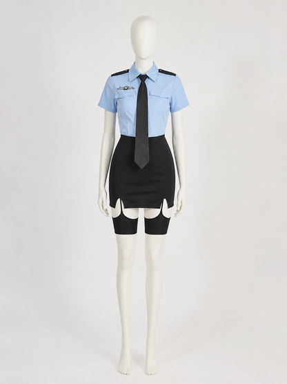 Women's Police Officer Cosplay Costume Set, Light Blue Top with Black Tie and Costumes detail
