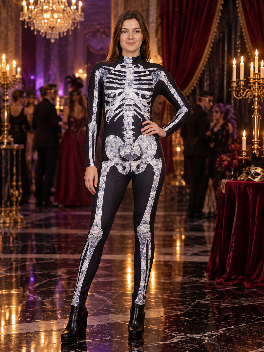 Skeleton Halloween Costume Black Tight Jumpsuit