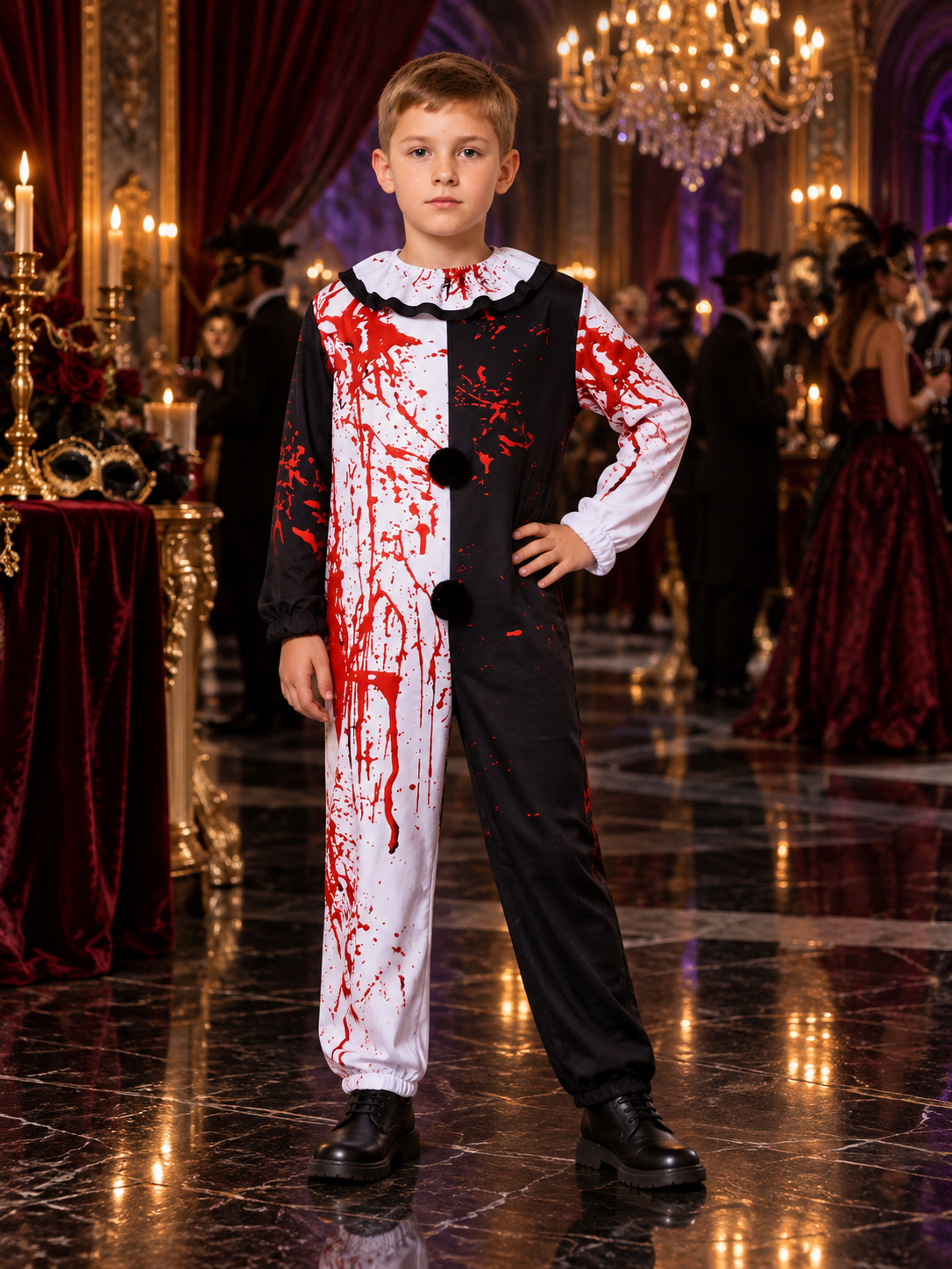 Black-and-white clown costume with red stains and pom-poms