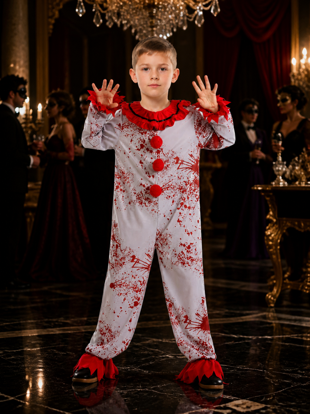 Kids' Scary Clown Bodysuit Costume with Red Ruffles, Halloween Outfit Costumes detail