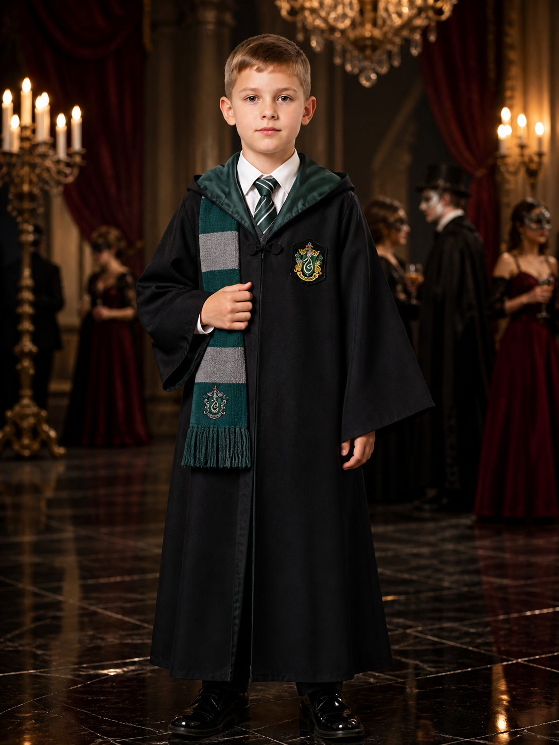Kids' Slytherin Wizard Costume Set With Hooded Robe, Tie And Scarf Costumes detail