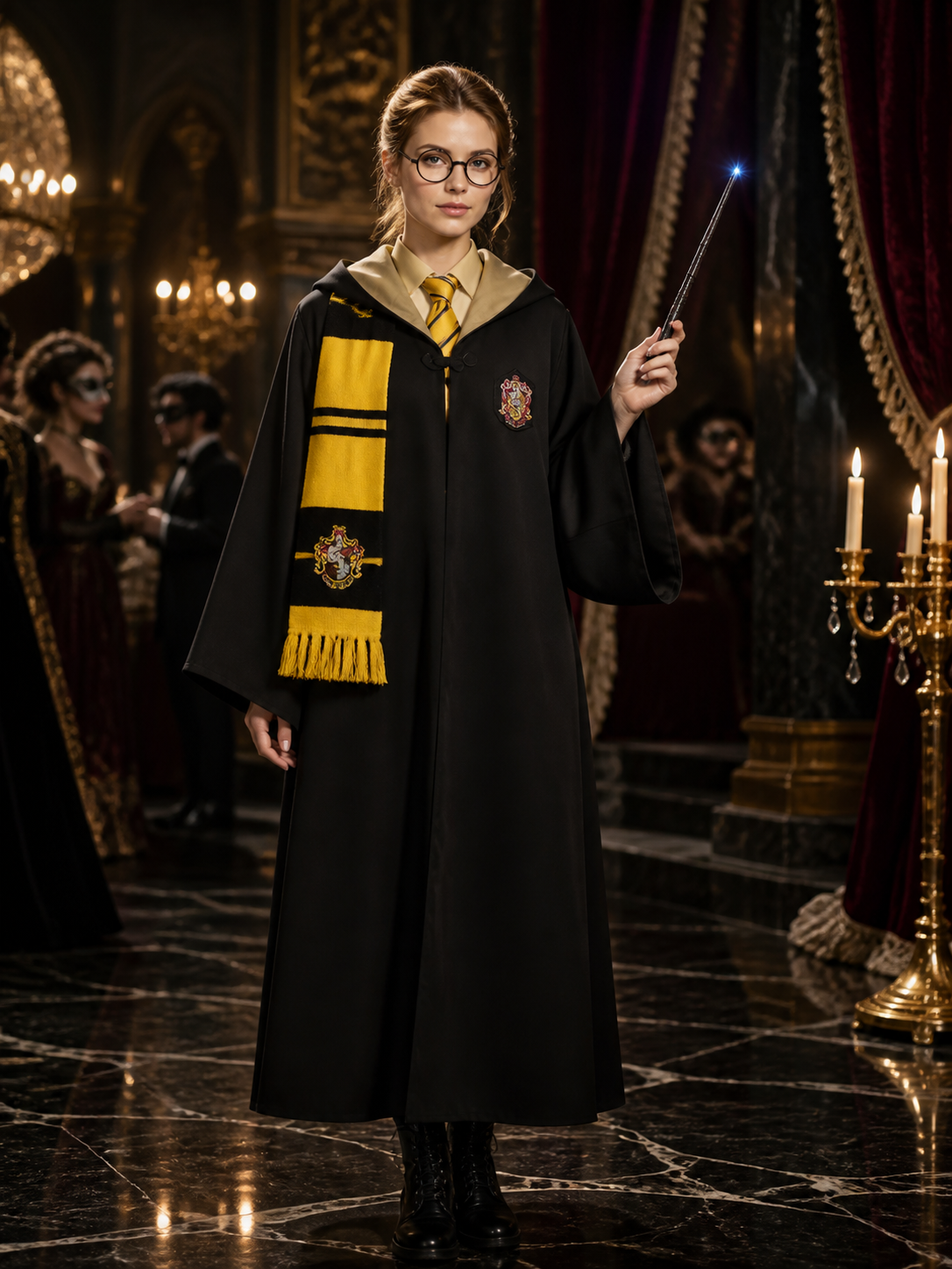 Hufflepuff Wizard Costume Set, Hooded Robe With Striped Scarf, Tie, Glasses & Costumes detail