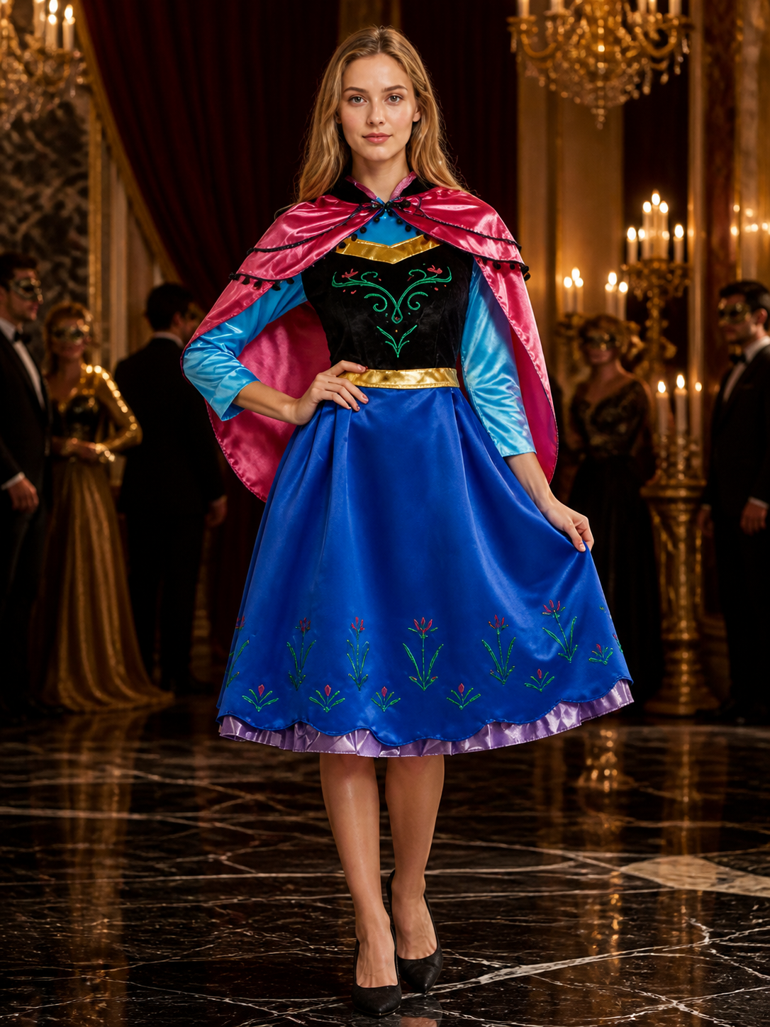 Anna Style Princess Costume Dress, Blue Floral Print Cape Gown with Gold Belt Costume Dresses detail