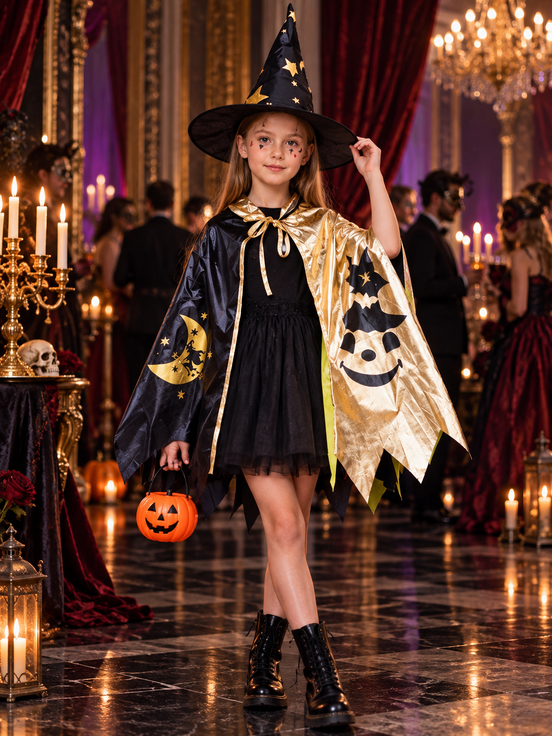Children's Black and Gold Costume with Cape and Hat