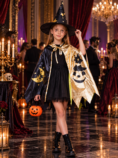 Children's Black and Gold Costume with Cape and Hat