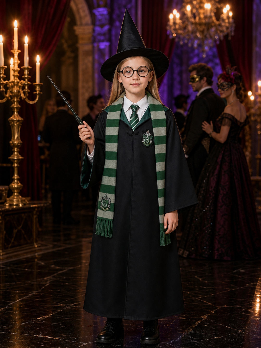 Wizard Costume Set with Robe, Hat, Scarf, Tie, Glasses, Shirt and Wand Costume Headwear detail