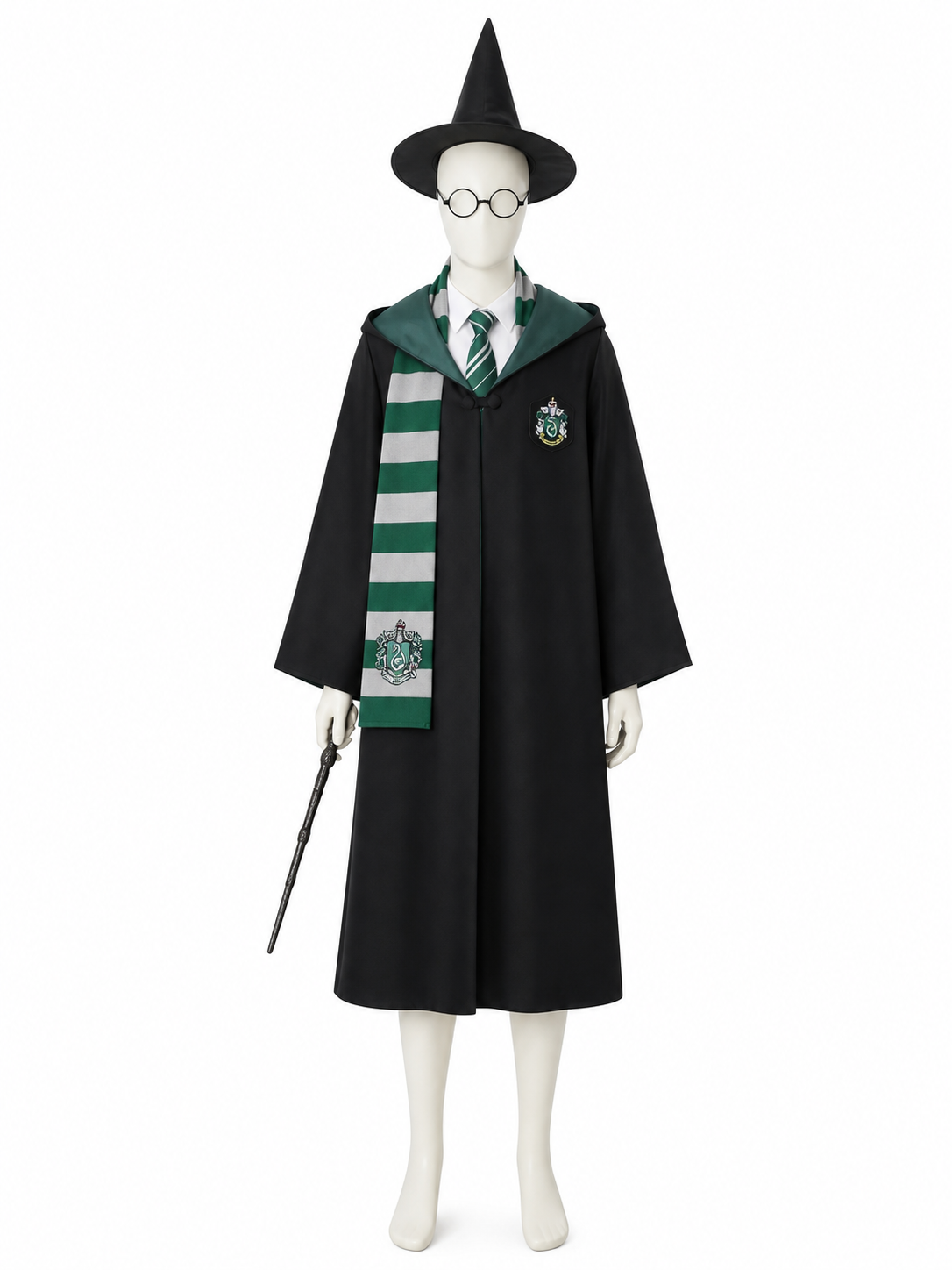 Green and Black Wizard Robe Costume Set with Hooded Cloak, Tie, Scarf, Pointed Costume Capes detail