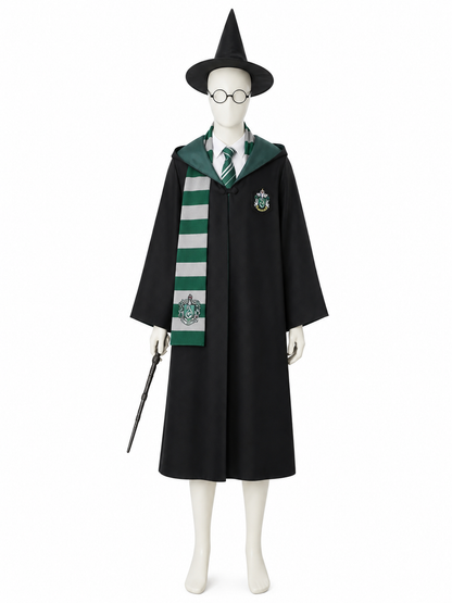 Green and Black Wizard Robe Costume Set with Hooded Cloak, Tie, Scarf, Pointed Costume Capes detail